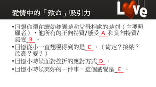 愛情中的「致命」吸引力
•回想你還在讀幼稚園時和父母相處的時刻（主要照
顧者），他所有的正向特質/感受 A 和負向特質/
感受 B 。
•回憶從小一直想要得到的是 C 。（肯定？接納？
欣賞？愛？）
•回憶小時候面對挫折的應對方式 D 。
•回憶小時候美好的一件事，這個感覺是 E 。
 