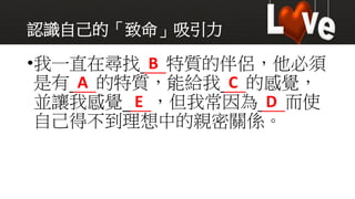 認識自己的「致命」吸引力
•我一直在尋找 B 特質的伴侶，他必須
是有 A 的特質，能給我 C 的感覺，
並讓我感覺 E ，但我常因為 D 而使
自己得不到理想中的親密關係。
 
