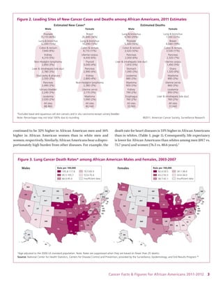 Cancer Facts & Figures for African Americans 2011-2012 3 
continued to be 32% higher in African American men and 16% higher in African American women than in white men and women, respectively. Similarly, African Americans bear a disproportionately high burden from other diseases. For example, the death rate for heart diseases is 33% higher in African Americans than in whites. (Table 1, page 1). Consequently, life expectancy is lower for African Americans than whites among men (69.7 vs. 75.7 years) and women (76.5 vs. 80.6 years).3 
F 
igure 2. Leading Sites of New Cancer Cases and Deaths among African Americans, 2011 Estimates ©2011, American Cancer Society, Surveillance Research*Excludes basal and squamous cell skin cancers and in situ carcinoma except urinary bladder. Note: Percentages may not total 100% due to rounding. MaleProstate35,110 (40%) Lung & bronchus12,930 (15%) Colon & rectum7,940 (9%) Kidney4,210 (5%) Non-Hodgkin lymphoma2,850 (3%) Liver & intrahepatic bile duct2,780 (3%) Oral cavity & pharynx2,550 (3%) Pancreas2,490 (3%) Urinary bladder2,240 (3%) Leukemia2,030 (2%) All sites88,860FemaleBreast26,840 (34%) Lung & bronchus10,290 (13%) Colon & rectum8,710 (11%) Uterine corpus4,430 (6%) Thyroid3,040 (4%) Pancreas2,990 (4%) Kidney2,880 (4%) Non-Hodgkin lymphoma2,380 (3%) Uterine cervix2,170 (3%) Myeloma1,940 (2%) All sites80,040Estimated New Cases* MaleLung & bronchus9,740 (29%) Prostate5,300 (16%) Colon & rectum3,520 (10%) Pancreas2,000 (6%) Liver & intrahepatic bile duct1,810 (5%) Stomach1,090 (3%) Leukemia980 (3%) Myeloma900 (3%) Kidney790 (2%) Esophagus760 (2%) All sites33,900FemaleLung & bronchus7,050 (22%) Breast6,040 (19%) Colon & rectum3,530 (11%) Pancreas2,320 (7%) Uterine corpus1,450 (5%) Ovary1,320 (4%) Myeloma890 (3%) Uterine cervix860 (3%) Leukemia850 (3%) Liver & intrahepatic bile duct760 (2%) All sites31,640Estimated Deaths*Age adjusted to the 2000 US standard population. Note: Rates are suppressed when they are based on fewer than 25 deaths. Source: National Center for Health Statistics, Centers for Disease Control and Prevention, provided by the Surveillance, Epidemiology, and End Results Program.96Figure 3. Lung Cancer Death Rates* among African American Males and Females, 2003-2007ALAZARCACOCTDEFLGAIDILINIAKSKYLAMEMDMAMNMSMOMTNENVNHNJNMNYNCNDOHOKORPARISCSDTNTXUTVTVAWAWVWIWYDCHIAKALAZARCACOCTDEFLGAIDILINIAKSKYLAMEMDMAMNMSMOMTNENVNHNJNMNYNCNDOHOKORPARISCSDTNTXUTVTVAWAWVWIWYDCHIAKMalesFemalesMIMI105.8-117.895.5-105.784.0-95.470.5-83.953.6-70.4Insufficient dataRate per 100,00050.4-59.543.2-50.338.7-43.134.1-38.624.6-34.0Insufficient dataRate per 100,000  