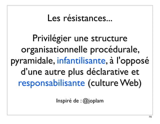 Les résistances...

      Privilégier une structure
   organisationnelle procédurale,
pyramidale, infantilisante, à l'opposé
   d’une autre plus déclarative et
  responsabilisante (culture Web)
            Inspiré de : @joplam

                                     79
 