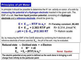 In principle it should be possible to determine the H+
ion activity or concn. of a soln by
measuring the potential of a Hydrogen electrode inserted in the given soln. The
EMF of a cell, free from liquid junction potential, consisting of a Hydrogen
electrode and a reference electrode, should be given by,
E = E ref – RT/F ln aH+ F= Faraday constant ,96,485
E = E ref + 2.303 RT/F pH R= 8.314 J/mol/°K
∴pH = ( E- Eref )F/2.303 RT T= Kelvin scale
So, by measuring the EMF of the Cell E obtained by combining the H electrode with a
reference electrode of known potential, Eref , the pH of the soln. may be evaluated.
The electric potential at any point is defined as the work done in bringing a unit
charge from infinity to the particular point
Reduced state Oxidised state + n Electron⇋
M = Mn+
+ nE
E(+) = E0 – (RT/F) ln aM
n+
Nernst Equation
Principles of pH Meter
 