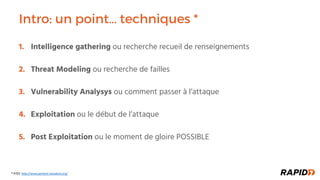 Intro: un point… techniques *
1. Intelligence gathering ou recherche recueil de renseignements
2. Threat Modeling ou recherche de failles
3. Vulnerability Analysys ou comment passer à l’attaque
4. Exploitation ou le début de l’attaque
5. Post Exploitation ou le moment de gloire POSSIBLE
* PTES: h)p://www.pentest-standard.org/
 