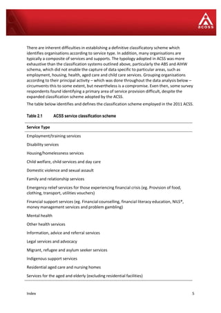 Index 5
There are inherent difficulties in establishing a definitive classificatory scheme which
identifies organisations according to service type. In addition, many organisations are
typically a composite of services and supports. The typology adopted in ACSS was more
exhaustive than the classification systems outlined above, particularly the ABS and AIHW
schema, which did not enable the capture of data specific to particular areas, such as
employment, housing, health, aged care and child care services. Grouping organisations
according to their principal activity – which was done throughout the data analysis below –
circumvents this to some extent, but nevertheless is a compromise. Even then, some survey
respondents found identifying a primary area of service provision difficult, despite the
expanded classification scheme adopted by the ACSS.
The table below identifies and defines the classification scheme employed in the 2011 ACSS.
Table 2.1 ACSS service classification scheme
Service Type
Employment/training services
Disability services
Housing/homelessness services
Child welfare, child services and day care
Domestic violence and sexual assault
Family and relationship services
Emergency relief services for those experiencing financial crisis (eg. Provision of food,
clothing, transport, utilities vouchers)
Financial support services (eg. Financial counselling, financial literacy education, NILS®,
money management services and problem gambling)
Mental health
Other health services
Information, advice and referral services
Legal services and advocacy
Migrant, refugee and asylum seeker services
Indigenous support services
Residential aged care and nursing homes
Services for the aged and elderly (excluding residential facilities)
 