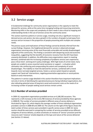 14 AUSTRALIAN COMMUNITY SECTOR SURVEY VOLUME I NATIONAL
3.2 Service usage
A fundamental challenge for community sector organisations is the capacity to meet the
demand for services, while at the same time managing funding and resourcing constraints.
Monitoring shifts in the scope and complexity of client needs is also critical to mapping and
understanding trends in the use of services across the community sector.
This section examines patterns in service usage, revealing not only a significant increase in
demand across sub-sectors, but also a growth in the numbers of people turned away from
services and an increase in the proportion of people presenting with multiple and complex
needs.
The precise causes and implications of these findings cannot be directly inferred from the
survey findings. However, the heightened demand for services is observed amongst
organisations servicing some of the most financially vulnerable and socially disadvantaged
segments of the community. This finding is consistent with deepening social and economic
inequalities, suggesting that the benefits of economic recovery from the GFC have been
unevenly distributed. In addition, the difficulties many organisations report in meeting
demand, combined with the increasing complexity of problems service users experience,
pose critical short- and long-term policy challenges. With high levels of unmet need, many
people are unable to access essential social assistance or support – a situation which
ultimately risks reinforcing and compounding the extent and complexity of social
disadvantages. The inability to meet the demand for services, combined with a trend
towards more narrowly targeted services, fosters a service system based on episodic
support and ‘band-aid’ interventions, negating preventative approaches or social policies
based on early-intervention.
The patterns in service usage detailed in this section therefore have important implications
not only in terms of identifying the operational pressures facing individual organisations, but
also indicating potential areas of long term social and economic costs as the needs of an
increasing number of people seeking social services remain unmet.
3.2.1 Number of services provided
In 2009-10, respondent organisations provided services on 6,180,282 occasions. This
represents a 12% increase on the 5,513,780 instances of service provided by these agencies
in 2008-09. The number of services provided in different areas of service delivery is
illustrated by Figure 3.6, which depicts the average number of times individual organisations
provided a service in 2008-09 and 2009-10. The column on the right of this figure shows the
total number of times services were provided in specific service areas in 2009-10. Some
caution should be exercised in comparing the number of services provided across different
categories of service delivery, as what constitutes an instance of ‘service’ provision (and the
resources each ‘instance’ entails) depends on the type and nature of the service delivered
(see Section 2.3 above).
 
