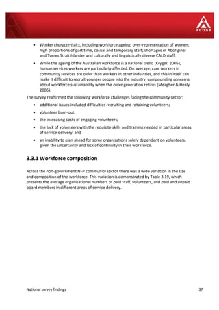 National survey findings 37
 Worker characteristics, including workforce ageing; over-representation of women;
high proportions of part time, casual and temporary staff; shortages of Aboriginal
and Torres Strait Islander and culturally and linguistically diverse CALD staff.
 While the ageing of the Australian workforce is a national trend (Kryger, 2005),
human services workers are particularly affected. On average, care workers in
community services are older than workers in other industries, and this in itself can
make it difficult to recruit younger people into the industry, compounding concerns
about workforce sustainability when the older generation retires (Meagher & Healy
2005).
The survey reaffirmed the following workforce challenges facing the community sector:
 additional issues included difficulties recruiting and retaining volunteers;
 volunteer burn-out;
 the increasing costs of engaging volunteers;
 the lack of volunteers with the requisite skills and training needed in particular areas
of service delivery; and
 an inability to plan ahead for some organisations solely dependent on volunteers,
given the uncertainty and lack of continuity in their workforce.
3.3.1 Workforce composition
Across the non-government NFP community sector there was a wide variation in the size
and composition of the workforce. This variation is demonstrated by Table 3.19, which
presents the average organisational numbers of paid staff, volunteers, and paid and unpaid
board members in different areas of service delivery.
 