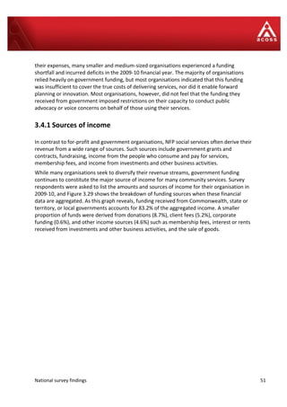 National survey findings 51
their expenses, many smaller and medium-sized organisations experienced a funding
shortfall and incurred deficits in the 2009-10 financial year. The majority of organisations
relied heavily on government funding, but most organisations indicated that this funding
was insufficient to cover the true costs of delivering services, nor did it enable forward
planning or innovation. Most organisations, however, did not feel that the funding they
received from government imposed restrictions on their capacity to conduct public
advocacy or voice concerns on behalf of those using their services.
3.4.1 Sources of income
In contrast to for-profit and government organisations, NFP social services often derive their
revenue from a wide range of sources. Such sources include government grants and
contracts, fundraising, income from the people who consume and pay for services,
membership fees, and income from investments and other business activities.
While many organisations seek to diversify their revenue streams, government funding
continues to constitute the major source of income for many community services. Survey
respondents were asked to list the amounts and sources of income for their organisation in
2009-10, and Figure 3.29 shows the breakdown of funding sources when these financial
data are aggregated. As this graph reveals, funding received from Commonwealth, state or
territory, or local governments accounts for 83.2% of the aggregated income. A smaller
proportion of funds were derived from donations (8.7%), client fees (5.2%), corporate
funding (0.6%), and other income sources (4.6%) such as membership fees, interest or rents
received from investments and other business activities, and the sale of goods.
 