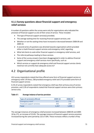 Financial support and emergency relief services 73
4.1.1 Survey questions about financial support and emergency
relief services
A number of questions within the survey were only for organisations who indicated the
provision of financial support as one of their areas of service. These included:
 The type of financial support service(s) provided;
 The average waiting time for receiving financial support services; and
 Whether or not the waiting times have increased or decreased between 2008-09 and
2009-10.
 A second series of questions was directed towards organisations which provided
either or both financial support services and emergency relief, regarding:
 What led clients to seek either financial support or emergency relief services; and
 The referral pathways leading to these services.
 Some of the survey answers have been disaggregated in order to address financial
support and emergency relief services more specifically, such as:
 Which services or support do emergency relief and financial support service clients
need but not currently have adequate access to?
4.2 Organisational profile
413 survey respondents stated that they offered some form of financial support service or
emergency relief. Of these, 238 provided emergency relief and 175 provided some form of
financial support service.
6.1% of survey respondents stated that emergency relief was their primary area of service
provision, and 2.3% of respondents stated that financial support services were their primary
service area.
Table 4.1: Average instance of service provision
Type of service(s) offered 2009-10 2008-09
Emergency relief 951 776
Financial support services 366 244
Total 1,317 1,020
The average instances of emergency relief provision increased between 2008-09 and 2009-
10 by 175, an increase of 22.6%. The average instance of financial support service provision
increased during the same period by 122 or 50%. These increases reflect a number of key
 