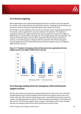 Financial support and emergency relief services 83
4.4.3 Service targeting
Many organisations have implemented targeting measures in order to limit over-demand
for services, and to make the best of constrained resources. Targeting of service delivery can
also be the result of constraints imposed by government policy and funding.
Any change in service targeting can be seen as an important means of gauging both demand
for services, and an organisation’s resources relative to this demand. The majority of
emergency relief services agree that they have had to target their services more tightly in
2009-10 than in the past (53%), although only 17% strongly agreed with this statement. The
majority of financial support services either agreed that they have had to target their
services, or else did not agree or disagree with the statement. 8% of financial support
services disagreed with the statement that they had had to target services more tightly in
2009-10 than in the past.
Figure 4.11: Proportion of emergency relief and financial services organisations that have
targeted services more tightly in 2009-10 than in the past
4.4.4 Average waiting times for emergency relief and financial
support services
Services were asked to nominate the average waiting time for their service. The estimated
average waiting times for both emergency relief and financial support services were very
similar, with over 20% of clients experiencing no wait, around 45% experiencing a wait of 0-
2 weeks, and approximately one quarter of clients having to wait between 2 and 4 weeks for
their service. 1% of financial support clients, however, would have a wait of over 10 weeks,
whereas no emergency relief service clients would have to wait this long.
17%
53%
15% 15%
0%
8%
31% 31%
23%
8%
0%
10%
20%
30%
40%
50%
60%
Strongly agree Agree Neither agree
nor disagree
Disagree Strongly
disagree
Emergency Relief Financial Services
 