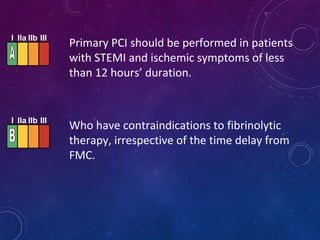 I IIa IIb III
Primary PCI should be performed in patients
with STEMI and ischemic symptoms of less
than 12 hours’ duration.
Who have contraindications to fibrinolytic
therapy, irrespective of the time delay from
FMC.
I IIa IIb III
 
