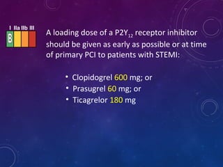 A loading dose of a P2Y12 receptor inhibitor
should be given as early as possible or at time
of primary PCI to patients with STEMI:
• Clopidogrel 600 mg; or
I IIa IIb III
• Prasugrel 60 mg; or
• Ticagrelor 180 mg
 