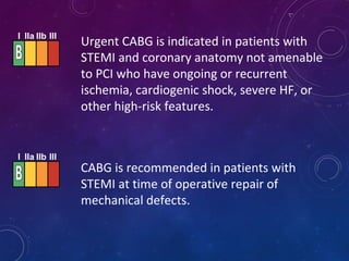 Urgent CABG is indicated in patients with
STEMI and coronary anatomy not amenable
to PCI who have ongoing or recurrent
ischemia, cardiogenic shock, severe HF, or
other high-risk features.
CABG is recommended in patients with
STEMI at time of operative repair of
mechanical defects.
I IIa IIb III
I IIa IIb III
 