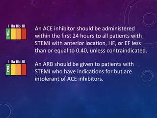 An ACE inhibitor should be administered
within the first 24 hours to all patients with
STEMI with anterior location, HF, or EF less
than or equal to 0.40, unless contraindicated.
An ARB should be given to patients with
STEMI who have indications for but are
intolerant of ACE inhibitors.
I IIa IIb III
I IIa IIb III
 
