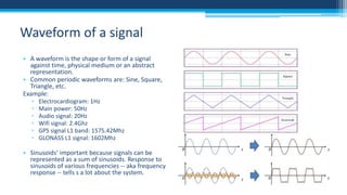 Waveform of a signal
• A waveform is the shape or form of a signal
against time, physical medium or an abstract
representation.
• Common periodic waveforms are: Sine, Square,
Triangle, etc.
Example:
▫
▫
▫
▫
▫
▫

Electrocardiogram: 1Hz
Main power: 50Hz
Audio signal: 20Hz
Wifi signal: 2.4Ghz
GPS signal L1 band: 1575.42Mhz
GLONASS L1 signal: 1602Mhz

• Sinusoids’ important because signals can be
represented as a sum of sinusoids. Response to
sinusoids of various frequencies -- aka frequency
response -- tells s a lot about the system.

 