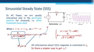 Sinusoidal Steady State (SSS)
In AC Power, we are usually
interested only in the particular
solution for sinusoids, i.e. after
transients have died.

 