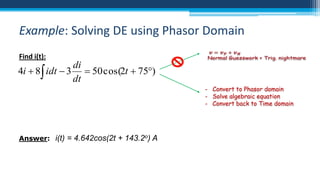 Example: Solving DE using Phasor Domain
Find i(t):

di
4i  8 idt  3  50 cos(2t  75)
dt
- Convert to Phasor domain
- Solve algebraic equation
- Convert back to Time domain

Answer: i(t) = 4.642cos(2t + 143.2o) A

 