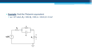 • Example: find the Thévenin equivalent
• ω = 103 rads/s, Rs = 50Ω, RL = 50Ω, L = 10mH, C = 0.1uF

Rs

vs(t)

+
~
–

L

C

RL

+
vL
–

 