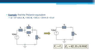 • Example: find the Thévenin equivalent
• ω = 103 rads/s, Rs = 50Ω, RL = 50Ω, L = 10mH, C = 0.1uF
ZT

ZL
Zs
VT(jω)
Vs(jω)
+
~
–

+
~
–

ZC

ZLD

ZLD

VT  VS

ZT  82 .330.9182

 