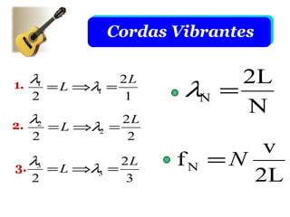 Cordas Vibrantes

   λ           2L         2L
1.
  2
    1
      = L ⇒λ =
            1
               1     λN =
   λ2           2L
                          N
2.    = L ⇒λ2 =
  2             2
                              v
3.
  λ3
     = L ⇒λ =
              2L     fN   =N
   2
           3
               3             2L
 