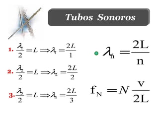 Tubos Sonoros


   λ           2L              2L
1.
  2
    1
      = L ⇒λ =
            1
               1          λn =
   λ2           2L
                                n
2.    = L ⇒λ2 =
  2             2
                              v
3.
  λ3
     = L ⇒λ =
              2L     fN   =N
   2
           3
               3             2L
 