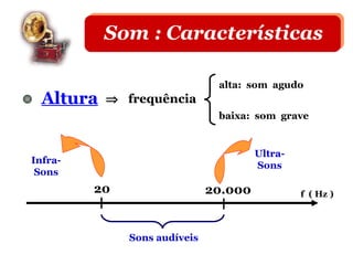 Som : Características

                               alta: som agudo
  Altura   ⇒ frequência
                               baixa: som grave


                                       Ultra-
Infra-
                                       Sons
 Sons
         20                   20.000            f ( Hz )



              Sons audíveis
 