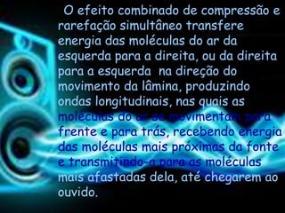 O efeito combinado de compressão e
rarefação simultâneo transfere
energia das moléculas do ar da
esquerda para a direita, ou da direita
para a esquerda na direção do
movimento da lâmina, produzindo
ondas longitudinais, nas quais as
moléculas do ar se movimentam para
frente e para trás, recebendo energia
das moléculas mais próximas da fonte
e transmitindo-a para as moléculas
mais afastadas dela, até chegarem ao
ouvido.
 