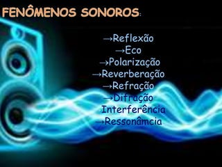 :



 →Reflexão
    →Eco
  Polarização
→Reverberação
 →Refração
 →Difração
→Interferência
→Ressonâmcia
 