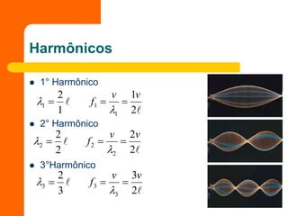 Harmônicos
 1° Harmônico
 2° Harmônico
 3°Harmônico

1
2
1 


2
1
1
1
v
v
f 



2
2
2 


2
2
2
2
v
v
f 



3
2
3 


2
3
3
3
v
v
f 


 