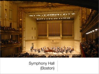 La claridad
• Mide lo bien que se entiende la voz o la música

• Demasiada reverberación hace que se mezclen demasiado los sonidos

• Para voz debe ser alta: mayor de 2dB

• Para música (dependiendo del género), entre -2dB y 2dB.
 