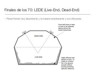 Finales de los 70: LEDE (Live-End, Dead-End)
• Pared frontal muy absorbente y la trasera reverberante y con difusores.
 