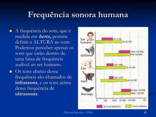 Frequência sonora humana
 A frequência do som, que é
medida em hertz, permite
definir a ALTURA ao som.
Podemos perceber apenas os
sons que estão dentro de
uma faixa de frequência
audível ao ser humano.
 Os sons abaixo dessa
frequência são chamados de
infrassons, e os sons acima
dessa frequência de
ultrassons.
Ciências Naturais - ICRM 23
 