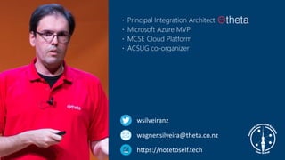 About me  Principal Integration Architect
 Microsoft Azure MVP
 MCSE Cloud Platform
 ACSUG co-organizer
wsilveiranz
wagner.silveira@theta.co.nz
https://notetoself.tech
 