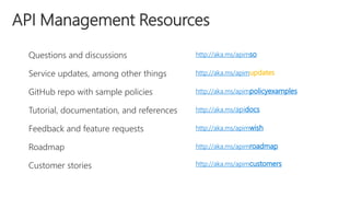 Questions and discussions http://aka.ms/apimso
Service updates, among other things http://aka.ms/apimupdates
GitHub repo with sample policies http://aka.ms/apimpolicyexamples
Tutorial, documentation, and references http://aka.ms/apidocs
Feedback and feature requests http://aka.ms/apimwish
Roadmap http://aka.ms/apimroadmap
Customer stories http://aka.ms/apimcustomers
 