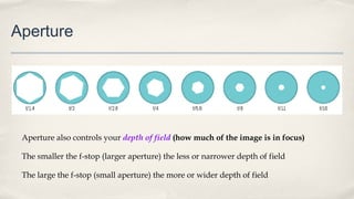 Aperture
Aperture also controls your depth of field (how much of the image is in focus)
The smaller the f-stop (larger aperture) the less or narrower depth of field
The large the f-stop (small aperture) the more or wider depth of field
 