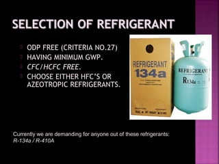  ODP FREE (CRITERIA NO.27)ODP FREE (CRITERIA NO.27)
 HAVING MINIMUM GWPHAVING MINIMUM GWP..
 CFC/HCFC FREE.CFC/HCFC FREE.
 CHOOSE EITHER HFC’S ORCHOOSE EITHER HFC’S OR
AZEOTROPIC REFRIGERANTS.AZEOTROPIC REFRIGERANTS.
Currently we are demanding for anyone out of these refrigerants:Currently we are demanding for anyone out of these refrigerants:
R-134a / R-410AR-134a / R-410A
 