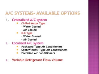 1. Centralized A/C system
 Chilled Water Type
- Water Cooled
- Air Cooled
 D-X Type
- Water Cooled
- Air Cooled
2. Localised A/C system
 Packaged Type Air Conditioners
 Split/Window Type Air Conditioners
 Precision Air Conditioners
2. Variable Refrigerant Flow/Volume
 