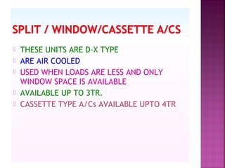  THESE UNITS ARE D-X TYPE
 ARE AIR COOLED
 USED WHEN LOADS ARE LESS AND ONLY
WINDOW SPACE IS AVAILABLE
 AVAILABLE UP TO 3TR.
 CASSETTE TYPE A/Cs AVAILABLE UPTO 4TR
 