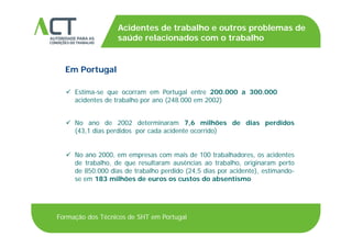 TÍTULO DA APRESENTAÇÃO
Acidentes de trabalho e outros problemas de
saúde relacionados com o trabalhoTÍTULO DA APRESENTAÇÃOsaúde relacionados com o trabalho
Em Po t gal
 Estima-se que ocorram em Portugal entre 200.000 a 300.000
Em Portugal
acidentes de trabalho por ano (248.000 em 2002)
 No ano de 2002 determinaram 7,6 milhões de dias perdidos No ano de 2002 determinaram 7,6 milhões de dias perdidos
(43,1 dias perdidos por cada acidente ocorrido)
 2000 d 00 b lh d d No ano 2000, em empresas com mais de 100 trabalhadores, os acidentes
de trabalho, de que resultaram ausências ao trabalho, originaram perto
de 850.000 dias de trabalho perdido (24,5 dias por acidente), estimando-
se em 183 milhões de euros os custos do absentismose em 183 milhões de euros os custos do absentismo
Formação dos Técnicos de SHT em Portugal
 