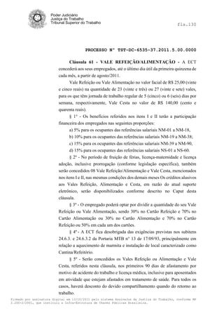 Poder Judiciário
                      Justiça do Trabalho
                      Tribunal Superior do Trabalho                                         fls.130




                                          PROCESSO Nº TST-DC-6535-37.2011.5.00.0000

                                Cláusula 61 - VALE REFEIÇÃO/ALIMENTAÇÃO - A ECT
                          concederá aos seus empregados, até o último dia útil da primeira quinzena de
                          cada mês, a partir de agosto/2011.
                                Vale Refeição ou Vale Alimentação no valor facial de R$ 25,00 (vinte
                          e cinco reais) na quantidade de 23 (vinte e três) ou 27 (vinte e sete) vales,
                          para os que têm jornada de trabalho regular de 5 (cinco) ou 6 (seis) dias por
                          semana, respectivamente, Vale Cesta no valor de R$ 140,00 (cento e
                          quarenta reais).
                                § 1° - Os benefícios referidos nos itens I e II terão a participação
                          financeira dos empregados nas seguintes proporções:
                               a) 5% para os ocupantes das referências salariais NM-01 a NM-18,
                               b) 10% para os ocupantes das referências salariais NM-19 a NM-38;
                               c) 15% para os ocupantes das referências salariais NM-39 a NM-90,
                               d) 15% para os ocupantes das referências salariais NS-01 a NS-60.
                               § 2º - No período de fruição de férias, licença-maternidade e licença
                          adoção, inclusive prorrogação (conforme legislação específica), também
                          serão concedidos 08 Vale Refeição/Alimentação e Vale Cesta, mencionados
                          nos itens I e II, nas mesmas condições dos demais meses Os créditos alusivos
                          aos Vales Refeição, Alimentação e Cesta, em razão do atual suporte
                          eletrônico, serão disponibilizados conforme descrito no Caput desta
                          cláusula.
                                § 3º - O empregado poderá optar por dividir a quantidade do seu Vale
                          Refeição ou Vale Alimentação, sendo 30% no Cartão Refeição e 70% no
                          Cartão Alimentação ou 30% no Cartão Alimentação e 70% no Cartão
                          Refeição ou 50% em cada um dos cartões.
                                § 4º - A ECT fica desobrigada das exigências previstas nos subitens
                          24.6.3. e 24.6.3.2 da Portaria MTB n° 13 de 17/09/93, principalmente em
                          relação a aquecimento de marmita e instalação de local caracterizado como
                          Cantina/Refeitório.
                                § 5º - Serão concedidos os Vales Refeição ou Alimentação e Vale
                          Cesta, referidos nesta cláusula, nos primeiros 90 dias de afastamento por
                          motivo de acidente do trabalho e licença médica, inclusive para aposentados
                          em atividade que estejam afastados em tratamento de saúde. Para todos os
                          casos, haverá desconto do devido compartilhamento quando do retorno ao
                          trabalho.
Firmado por assinatura digital em 13/10/2011 pelo sistema AssineJus da Justiça do Trabalho, conforme MP
2.200-2/2001, que instituiu a Infra-Estrutura de Chaves Públicas Brasileira.
 