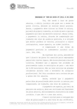 Poder Judiciário
            Justiça do Trabalho
            Tribunal Superior do Trabalho                                                   fls.135




                                            PROCESSO Nº TST-DC-6535-37.2011.5.00.0000

                                                     Ora, não sendo o caso de greve
                          abusiva, o efeito jurídico não pode ser o mesmo da
                          greve ilícita, devendo se mostrar menos gravoso.
                          Assim, o pagamento deve ocorrer na forma in natura,
                          por meio do próprio trabalho, ao invés do mais rigoroso
                          pagamento por meio do desconto salarial. Nessa linha,
                          o pagamento in natura, através de compensação por
                          trabalho dos dias de ausência grevista, é a solução
                          que melhor pondera os valores, princípios e regras
                          contrapostos, nesse aspecto, na ordem jurídica.
                                                     A   compensação         é   uma     forma      de
                          pagamento prevista no ordenamento jurídico civil
                          (art. 368, CCB).
                                                     Na hipótese dos autos, percebe-se
                          que o direito de greve foi exercido pelos empregados
                          dentro dos limites legais. Não houve atentado à boa-fé
                          coletiva. Relembro que a empresa tem unidades em
                          praticamente todos os municípios do país - são mais
                          de 5.000 municípios. Não se teve notícias de grandes
                          incidentes durante todo o movimento da categoria
                          profissional. Tal fato corrobora com a certeza de que
                          a greve não foi abusiva.
                                                     Assim,     entendo       que    o   pagamento
                          pelos dias de paralisação deve ocorrer in natura, por
                          compensação, em trabalho, dos dias de ausência.
                                                     O pagamento em espécie, por meio de
                          desconto de salário, deve ser utilizado nas hipóteses
                          de greve abusiva, declaradamente atentatória da ordem
                          jurídica. O que não é o caso dos autos.
                                                     O marco inicial para a contagem dos
                          dias de paralisação é a zero hora do dia 14/09/2011,
Firmado por assinatura digital em 13/10/2011 pelo sistema AssineJus da Justiça do Trabalho, conforme MP
2.200-2/2001, que instituiu a Infra-Estrutura de Chaves Públicas Brasileira.
 
