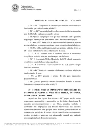 Poder Judiciário
                      Justiça do Trabalho
                      Tribunal Superior do Trabalho                                            fls.52




                                          PROCESSO Nº TST-DC-6535-37.2011.5.00.0000

                                § 28°. A ECT fica proibida de convocar para consultas médicas os seus
                          funcionários que estão afastados pelo INSS.
                                § 29 °. A ECT garantirá plantão medico com ambulâncias equipadas
                          com desfibrílador cardíaco nos grandes setores.
                                § 30°. Quando o empregado tiver que ficar internado, a ECT garantirá
                          a opção pela internação em apartamento, com a devida cooparticipação.
                                § 31°. Que a ECT abone o dia de trabalho quando do exame de próstata
                          aos trabalhadores, bem como, quando do exame preventivo às trabalhadoras.
                                § 32°. Que o filho ou filha dependente universitário (a) tenha direito ao
                          ECT saúde até terminar o curso, independente da idade.
                                § 33°. A ECT cobrirá todas as despesas relativas a tratamentos
                          ortopédicos, inclusive próteses, sem ônus para o trabalhador.
                                § 34°. A Assistência Médico/Hospitalar da ECT cobrirá tratamento
                          ortodôntico, para trabalhador(a) e dependente.
                                § 35°. A Assistência Médico/Hospitalar da ECT cobrirá terapia
                          familiar e para casal.
                                 § 36°. A ECT fornecerá a todos os trabalhadores, mediante solicitação
                          médica, óculos de grau.
                                 § 37°. A ECT excluirá o critério de teto para tratamentos
                          psicoterapêuticos.
                                 § 38°. Que seja garantido o retomo do convênio de todas as pessoas
                          físicas que foram descredenciadas pela ECT.


                                20 - AUXÍLIO PARA OS EMPREGADOS DEPENDENTES DE
                          CUIDADOS ESPECIAIS E PARA SEUS FILHOS, ENTEADOS,
                          TUTELADOS E CURATELADOS
                                A partir da data vigente deste acordo, a ECT pagará auxílio a seus
                          empregados, aposentados e aposentados por invalidez, dependentes de
                          cuidados especiais/excepcionais e aos filhos, enteados, tutelados e
                          curatelados dos empregados que tenham necessidades dos cuidados
                          especiais/excepcionais, sem qualquer limite de idade, para cobrir todas as
                          despesas com instituições de ensino, clínicas especializadas, medicamentos,
                          serviços prestados, e despesas com alimentação especial, etc, mediante
                          apresentação de laudo do médico assistente.

Firmado por assinatura digital em 13/10/2011 pelo sistema AssineJus da Justiça do Trabalho, conforme MP
2.200-2/2001, que instituiu a Infra-Estrutura de Chaves Públicas Brasileira.
 