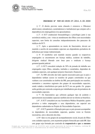 Poder Judiciário
            Justiça do Trabalho
            Tribunal Superior do Trabalho                                                     fls.53




                                            PROCESSO Nº TST-DC-6535-37.2011.5.00.0000

                                § 1°. O direito previsto nesta cláusula é extensivo a filhos(as)
                          adotivos(as), enteados(as), curatelados(as) e tutelados(as) que estejam sob a
                          dependência do empregado(a) e/ou aposentado(a).
                                § 2°. A ECT credenciará fonoaudiólogos e psicólogos junto à sua
                          assistência médica, com vistas ao atendimento dos filhos com necessidades
                          especiais, sem limite de consultas independentemente dos pareceres de
                          médicos da ECT.
                                § 3°. Após a aposentadoria ou morte do funcionário, deverá ser
                          mantido o auxílio de necessidades especiais aos dependentes portadores de
                          deficiência por tempo indeterminado.
                                § 4°. O reembolso será mantido mesmo quando os respectivos
                          empregados se encontrarem em licença médica, acidente de trabalho,
                          dirigente sindical liberado com ônus para o sindicato e licença
                          gestante/guarda judicial.
                                § 5°. A ECT concederá redução de 50% da jornada de trabalho aos
                          empregados cujos filhos, enteados, tutelados e curatelados, dependam de
                          cuidados especiais, sem qualquer prejuízo funcional e financeiro.
                                § 6°. As DR's deverão dar todo suporte necessário para que os pais e
                          dependentes tenham acesso às reuniões de grupos constituídos ou que
                          venham a ser constituídos no âmbito da DR, para participação em reuniões,
                          seminários e encontros regionais dos grupos de necessidades especiais,
                          sendo vedada a interferência por parte da ECT em sua gestão. Os grupos
                          serão geridos por comissão composta por trabalhadores pais de portadores de
                          necessidades especiais.
                                § 7°. Os funcionários que sofrerem qualquer tipo de acidente e
                          apresentarem necessidades especiais também devem ter direito ao beneficio.
                                § 8°. A ECT concederá em sua Assistência Médica Hospitalar, quarto
                          privativo a todos empregados e seus dependentes, em especial aos
                          dependentes cadastrados no Projeto de Necessidades Especiais.
                                § 9°. A ECT garantirá a liberação para que os pais possam acompanhar
                          os dependentes de necessidades especiais, quantas vezes se fizerem
                          necessárias, sem o desconto dos dias.
                                § 10°. Que se crie grupos de acompanhamento social, de pais de filhos
                          com cuidados especiais, com orçamento próprio fornecido por cada DR. Que
                          este grupo seja formado por comissão de responsáveis e que os mesmos
Firmado por assinatura digital em 13/10/2011 pelo sistema AssineJus da Justiça do Trabalho, conforme MP
2.200-2/2001, que instituiu a Infra-Estrutura de Chaves Públicas Brasileira.
 