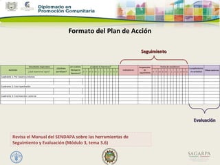 Formato del Plan de Acción
SeguimientoSeguimiento
EvaluaciónEvaluación
Revisa el Manual del SENDAPA sobre las herramientas...