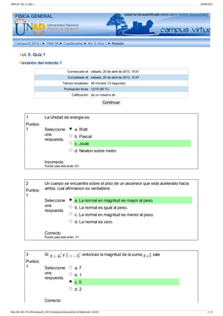 Act. 5 quiz 1 Fisica General UNAD | PDF