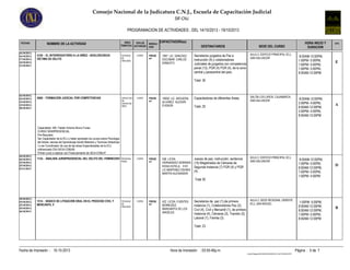 Consejo Nacional de la Judicatura C.N.J., Escuela de Capacitación Judicial
PROGRAMACION DE ACTIVIDADES , DEL 14/10/2013 - 19/10/2013
SIF-CNJ
FECHAS NOMBRE DE LA ACTIVIDAD AREA
TEMATICA
CAPACITADOR(es)
DESTINATARIOS SEDE DEL CURSO
HORA INICIO Y
DURACION
GPO.TIPO DE
ACTIVIDAD
MODALI
DAD
TECNICAS
DE
ORALIDAD
AULA 2, EDIFICIO PRINCIPAL ECJ,
SAN SALVADOR
Secretarios juzgados de Paz e
instrucción (9) y colaboradores
Judiciales de juzgados con competencia
penal (13), PGR (4) FGR (4), de la zona
central y paracentral del país.
Total: 30
16/10/2013,
16/10/2013,
17/10/2013,
24/10/2013,
31/10/2013
1697 LIC. SANCHEZ
ESCOBAR CARLOS
ERNESTO
8:00AM-12:00PM,
1:00PM- 5:00PM,
1:00PM- 5:00PM,
1:00PM- 5:00PM,
8:00AM-12:00PM
E
4126 - EL INTERROGATORIO A LA NIÑEZ - ADOLESCENCIA
VÍCTIMA DE DELITO
CURSO PRESE
NC.
CAPACITACI
ON
CAPACITAD
ORES
SALÓN LOS LIRIOS, CAJAMARCA,
SAN SALVADOR
Capacitadores de diferentes Áreas.
Total; 25
16/10/2013,
16/10/2013,
23/10/2013,
23/10/2013,
30/10/2013
19059 LIC. ARGUERA
ALVAREZ ALEXSIR
EVENOR
8:00AM-12:00PM,
2:00PM- 4:00PM,
8:00AM-12:00PM,
2:00PM- 4:00PM,
8:00AM-12:00PM
A
Capacitador: MA. Fabián Antonio Bruno Funes.
CURSO SEMIPRESENCIAL
Pre-Requisito:
Ser Capacitador de la ECJ y haber aprobado los cursos sobre Psicologia
del Adulto, teorias del Aprendizaje Adulto Metodos y Tecnicas Didacticas
I o ser Coordinador de una de las áreas Especializadas de la ECJ
cofinanciado CNJ-SICA-COMJIB.
Primer curso a replicar con Financiamiento de SICA-COMJIT
5006 - FORMACIÓN JUDICIAL POR COMPETENCIAS CURSO PRESE
NC.
PROCESAL
PENAL
AULA 2, EDIFICIO PRINCIPAL ECJ,
SAN SALVADOR
Jueces de paz, instrucción, sentencia
(15) Magistrados de Cámaras de
Segunda Instancia (7) FGR (4) y PGR
(4).
Total 30
18/10/2013,
18/10/2013,
25/10/2013,
25/10/2013,
01/11/2013
536 LICDA.
HERNANDEZ SERRANO
ROSA ESTELA, 5101
LIC MARTINEZ OSORIO
MARTIN ALEXANDER
8:00AM-12:00PM,
1:00PM- 5:00PM,
8:00AM-12:00PM,
1:00PM- 5:00PM,
1:00PM- 5:00PM
D
1134 - ÁNALISIS JURISPRUDENCIAL DEL DELITO DEL FEMINICIDIO CURSO PRESE
NC.
TECNICAS
DE
ORALIDAD
AULA 2, SEDE REGIONAL ORIENTE
ECJ, SAN MIGUEL
Secretarios de paz (1),de primera
instancia (1), Colaboradores Paz (2),
Civil (4), Civil y Mercantil (1), de primera
Instancia (4), Cámaras (3), Transito (3),
Laboral (1), Familia (3).
Total: 23
18/10/2013,
19/10/2013,
25/10/2013,
25/10/2013,
26/10/2013
422 LICDA. FUENTES
BERMUDEZ
MARGARITA DE LOS
ANGELES
1:00PM- 5:00PM,
8:00AM-12:00PM,
8:00AM-12:00PM,
1:00PM- 5:00PM,
8:00AM-12:00PM
B
1514 - BÁSICO DE LITIGACIÓN ORAL EN EL PROCESO CIVIL Y
MERCANTIL II
CURSO PRESE
NC.
Fecha de Impresión Página : 5 de 703:55:46p.m.10-10-2013 Hora de Impresión: :
Cnjnt01RegistroINFOENGLISH03INFO03_014ACTIVIDADES.RPT
 