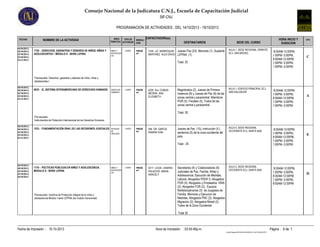 Consejo Nacional de la Judicatura C.N.J., Escuela de Capacitación Judicial
PROGRAMACION DE ACTIVIDADES , DEL 14/10/2013 - 19/10/2013
SIF-CNJ
FECHAS NOMBRE DE LA ACTIVIDAD AREA
TEMATICA
CAPACITADOR(es)
DESTINATARIOS SEDE DEL CURSO
HORA INICIO Y
DURACION
GPO.TIPO DE
ACTIVIDAD
MODALI
DAD
NIÑEZ Y
ADOLESCEN
CIA
AULA 1, SEDE REGIONAL ORIENTE
ECJ, SAN MIGUEL
Jueces Paz (23), Menores (1), Suplente
LEPINA (1).
Total: 25
18/10/2013,
18/10/2013,
25/10/2013,
25/10/2013,
01/11/2013
3156 LIC. MARROQUIN
MARTINEZ ALEX DAVID
8:00AM-12:00PM,
1:00PM- 5:00PM,
8:00AM-12:00PM,
1:00PM- 5:00PM,
1:00PM- 5:00PM
C
Prerrequisito: Derechos, garantías y deberes de niños, niñas y
adolescentes I
1730 - DERECHOS, GARANTÍAS Y DEBERES DE NIÑOS, NIÑAS Y
ADOLESCENTES I MÓDULO II - SERIE LEPINA
CURSO PRESE
NC.
DERECHOS
HUMANOS
AULA 1, EDIFICIO PRINCIPAL ECJ,
SAN SALVADOR
Magistrados (2), Jueces de Primera
Instancia (9) y Jueces de Paz (9) de las
zonas central y paracentral. Miembros
PGR (5). Fiscales (5). Todos de las
zonas central y paracentral.
Total: 30.
18/10/2013,
18/10/2013,
25/10/2013,
25/10/2013,
01/11/2013
4226 Dra. CUBIAS
MEDINA ANA
ELIZABETH
8:00AM-12:00PM,
1:00PM- 5:00PM,
8:00AM-12:00PM,
1:00PM- 5:00PM,
1:00PM- 5:00PM
A
Pre-requisito:
Instrumentos de Protección Internacional de los Derechos Humanos
9035 - EL SISTEMA INTERAMERICANO DE DERECHOS HUMANOS CURSO PRESE
NC.
TECNICAS
DE
ORALIDAD
AULA 5, SEDE REGIONAL
OCCIDENTE ECJ, SANTA ANA
Jueces de Paz (15), instrucción (5 )
sentencia (5) de la zona occidental del
país.
Total : 25
18/10/2013,
18/10/2013,
25/10/2013,
25/10/2013,
01/11/2013
446 DR. GARCIA
RAMON IVAN
8:00AM-12:00PM,
1:00PM- 5:00PM,
8:00AM-12:00PM,
1:00PM- 5:00PM,
1:00PM- 5:00PM
E
1533 - FUNDAMENTACIÓN ORAL DE LAS DECISIONES JUDICIALES CURSO PRESE
NC.
NIÑEZ Y
ADOLESCEN
CIA
AULA 2, SEDE REGIONAL
OCCIDENTE ECJ, SANTA ANA
Secretarios (4) y Colaboradores (6)
Judiciales de Paz, Familia, Niñez y
Adolescencia, Ejecución de Medidas,
Laboral; Abogados PDDH 3; Abogados
PGR (4); Abogados y Empleados ISNA
(2); Abogados FGR (2); Equipos
Multidisciplinarios (3) de Juzgados de
Familia, Menores y Ejecucion de
Medidas; Abogados PNC (2); Abogados
Migración (2); Abogados Mined (2).
Todos de la Zona Occidental.
Total 30
18/10/2013,
18/10/2013,
25/10/2013,
25/10/2013,
26/10/2013
4217 LICDA. LINARES
PALACIOS MARIA
ARACELY
8:00AM-12:00PM,
1:00PM- 5:00PM,
8:00AM-12:00PM,
1:00PM- 5:00PM,
8:00AM-12:00PM
D
Prerrequisito: Doctrina de Protección Integral de la niñez y
adolescencia-Modulo I-serie LEPINA (es modulo transversal)
1710 - POLÍTICAS PÚBLICAS EN NIÑEZ Y ADOLESCENCIA.
MODULO X - SERIE LEPINA
CURSO PRESE
NC.
Fecha de Impresión Página : 6 de 703:55:46p.m.10-10-2013 Hora de Impresión: :
Cnjnt01RegistroINFOENGLISH03INFO03_014ACTIVIDADES.RPT
 