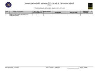 Consejo Nacional de la Judicatura C.N.J., Escuela de Capacitación Judicial
SIF-CNJ
PROGRAMACION DE ACTIVIDADES , DEL 11/11/2013 - 16/11/2013
FECHAS

NOMBRE DE LA ACTIVIDAD

AREA
TIPO DE
TEMATICA ACTIVIDAD

MODALI
DAD

CAPACITADOR(es)
DESTINATARIOS

SEDE DEL CURSO

HORA INICIO Y
DURACION

Sesión Inicial presencial: viernes 15 de noviembre del 2013.
Horario: De 8:00 a 05:00 p.m.

Fecha de Impresión : 08-11-2013

Hora de Impresión : 02:45:29p.m.

Página : 8 de 8
Cnjnt01RegistroINFOENGLISH03INFO03_014ACTIVIDADES.RPT

GPO.

 