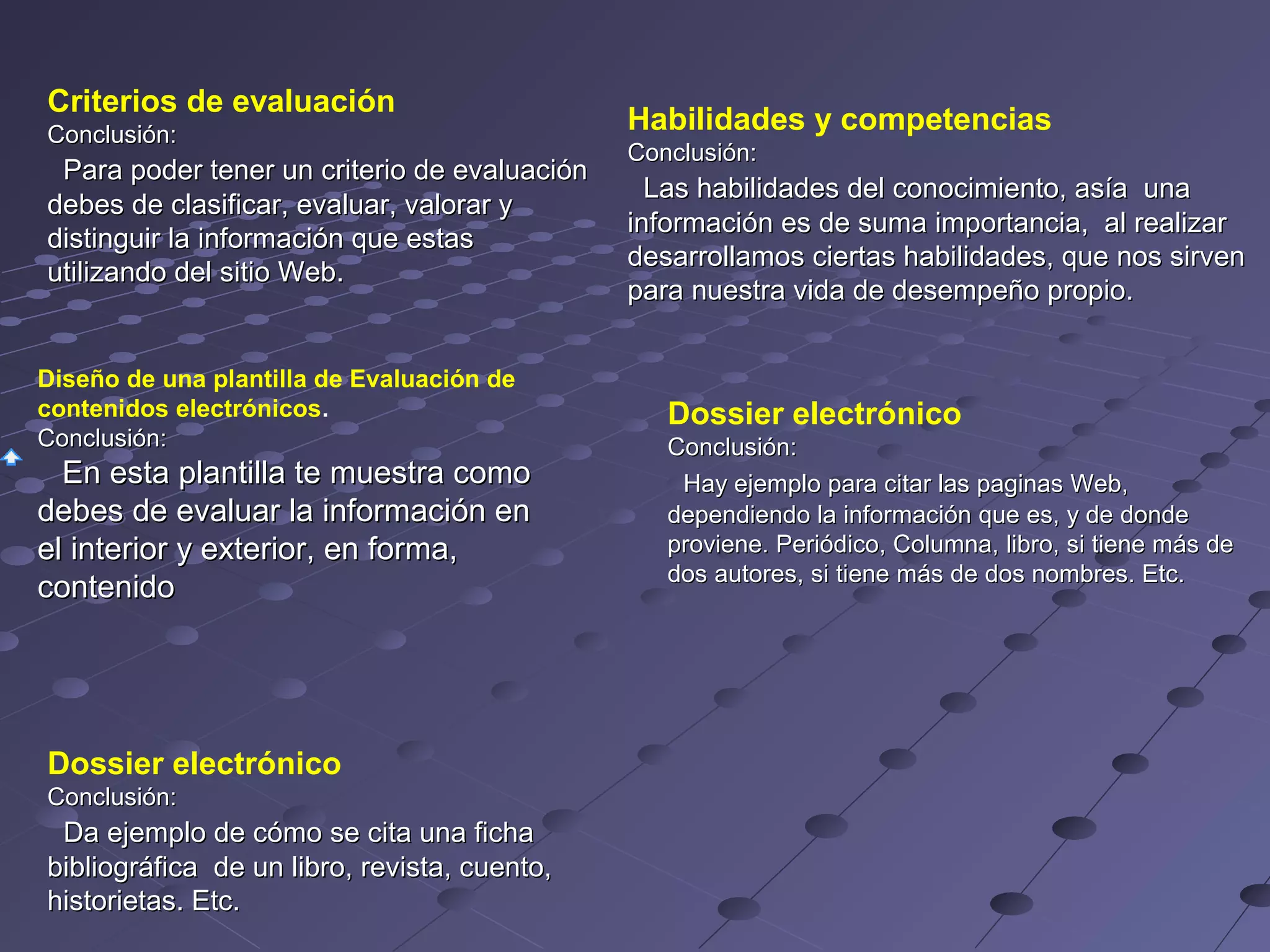 Criterios de evaluación
Conclusión:
Para poder tener un criterio de evaluación
debes de clasificar, evaluar, valorar y
distinguir la información que estas
utilizando del sitio Web.
Diseño de una plantilla de Evaluación de
contenidos electrónicos.
Conclusión:
En esta plantilla te muestra como
debes de evaluar la información en
el interior y exterior, en forma,
contenido
Dossier electrónico
Conclusión:
Da ejemplo de cómo se cita una ficha
bibliográfica de un libro, revista, cuento,
historietas. Etc.
Habilidades y competencias
Conclusión:
Las habilidades del conocimiento, asía una
información es de suma importancia, al realizar
desarrollamos ciertas habilidades, que nos sirven
para nuestra vida de desempeño propio.
Dossier electrónico
Conclusión:
Hay ejemplo para citar las paginas Web,
dependiendo la información que es, y de donde
proviene. Periódico, Columna, libro, si tiene más de
dos autores, si tiene más de dos nombres. Etc.