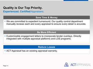 Quality is Our Top Priority.
Experienced, Certified Appraisers.

                                Save Time & Money
   We are committed to expedient turnaround. Our quality control department
    manually reviews each and every appraisal to ensure every detail is accurate.


                                 Be More Efficient
   Customizable engagement letters to incorporate lender overlays. Directly
    integrated with multiple appraisal platforms and LOS programs.


                                  Reduce Losses
   ACT Appraisal has an existing appraisal warranty.




Page  4
 