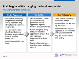It all begins with changing the business model...
 We work hard for our clients.

           Better Appraisers          We Do More                     Our Philosophy

   We believe developing       We screen every order to        Treat people the way you
    long-term relationships      your underwriting                want to be treated
    with our partners only       guidelines and vet
                                                                 When clients call we pick
    strengthens the services     appraisers against
                                                                  up the phone
    we provide.                  lender’s exclusionary lists.
                                                                 We understand that the
   Appraisers who care         Before assigning every
                                                                  appraisal is not complete
    about your business          order, we’ll call the
                                                                  until you are satisfied
    because we care about        appraiser to ensure they
    them. A winning              can meet your                   Pay the appraisers well
    combination!                 requirements and due             and quickly
                                 date.
   Appraisers set their own
    fees                        Improved transparency,
                                 real-time status and better
                                 service.



Page  6
 