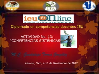 Diplomado en competencias docentes IEU

     ACTIVIDAD No. 13:
“COMPETENCIAS SISTÉMICAS”



M.C. Guadalupe Torres González
       Altamira, Tam, a 11 de Noviembre de 2012
 